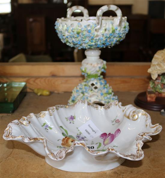 Sitzendorf fruit stand, encrusted with forget-me-nots & a Dresden fruit dish (2)